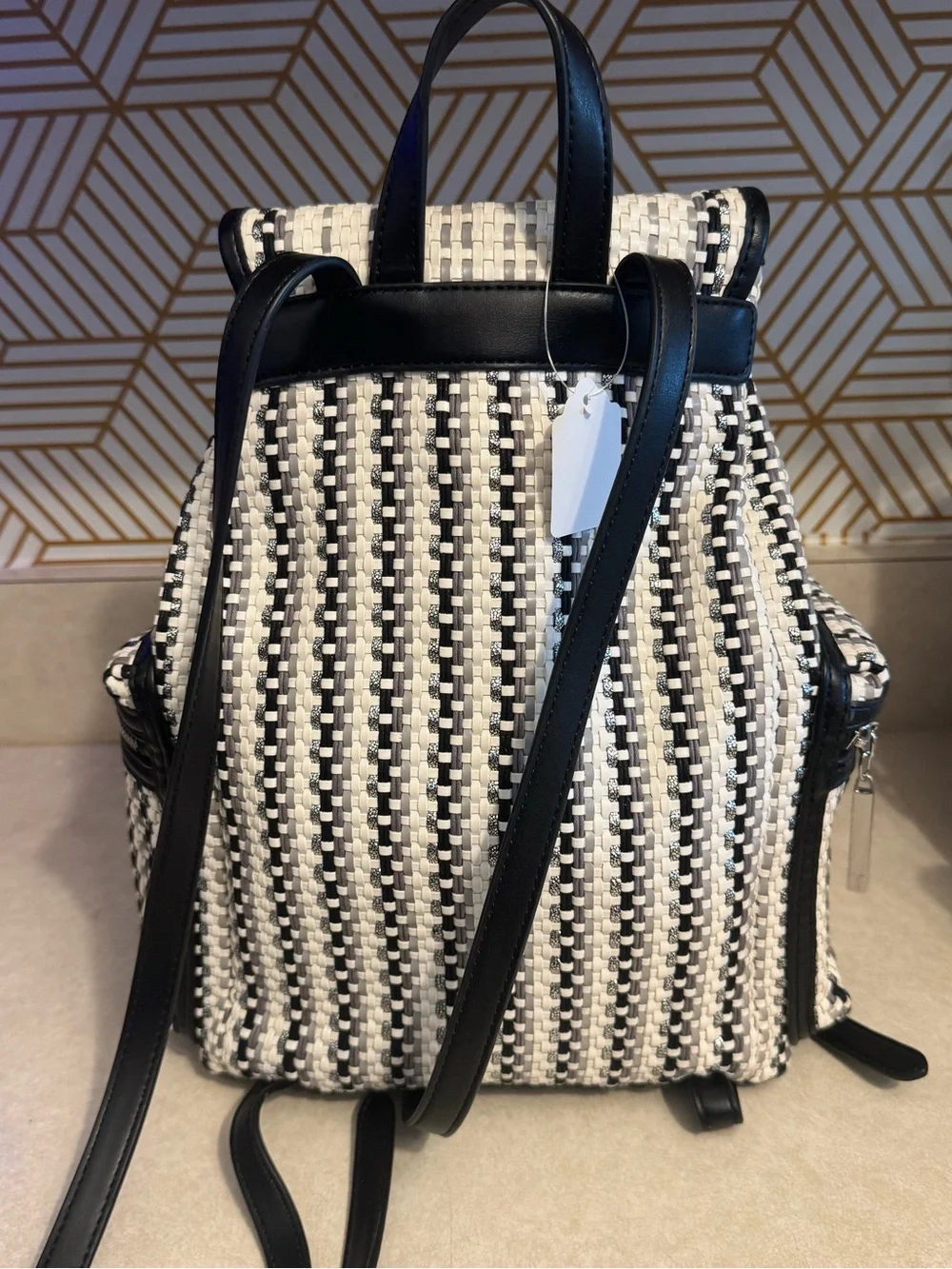 NWOT Ted Baker Allizza Black & Cream w/metallic silver woven Stripe Backpack